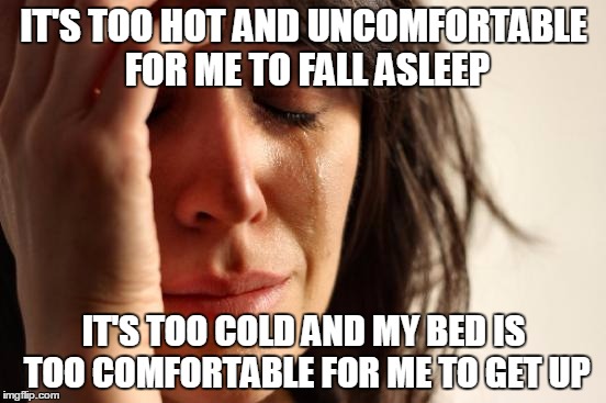 Every. Freaking. Damn. Winter. | IT'S TOO HOT AND UNCOMFORTABLE FOR ME TO FALL ASLEEP; IT'S TOO COLD AND MY BED IS TOO COMFORTABLE FOR ME TO GET UP | image tagged in memes,first world problems | made w/ Imgflip meme maker