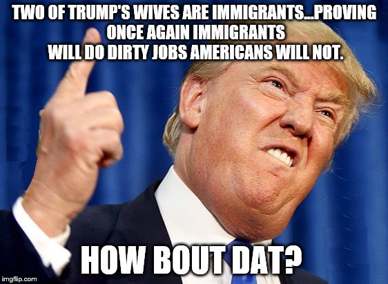 TWO OF TRUMP'S WIVES ARE IMMIGRANTS...PROVING ONCE AGAIN IMMIGRANTS WILL DO DIRTY JOBS AMERICANS WILL NOT. HOW BOUT DAT? | image tagged in dump trump | made w/ Imgflip meme maker