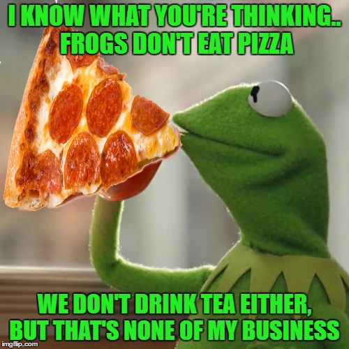 I KNOW WHAT YOU'RE THINKING.. FROGS DON'T EAT PIZZA; WE DON'T DRINK TEA EITHER, BUT THAT'S NONE OF MY BUSINESS | image tagged in but thats none of my business,pizza for lunch,lynch1979 | made w/ Imgflip meme maker