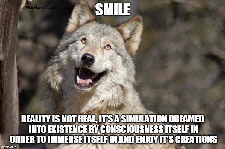 Optimistic Moon Moon Wolf Vanadium Wolf | SMILE; REALITY IS NOT REAL, IT'S A SIMULATION DREAMED INTO EXISTENCE BY CONSCIOUSNESS ITSELF IN ORDER TO IMMERSE ITSELF IN AND ENJOY IT'S CREATIONS | image tagged in optimistic moon moon wolf vanadium wolf | made w/ Imgflip meme maker
