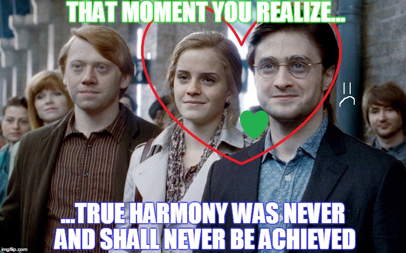 For the Harmony Fans... | THAT MOMENT YOU REALIZE... ...TRUE HARMONY WAS NEVER AND SHALL NEVER BE ACHIEVED | image tagged in harry potter meme,epilouge,that moment you realize,fandoms,harmony shipping | made w/ Imgflip meme maker