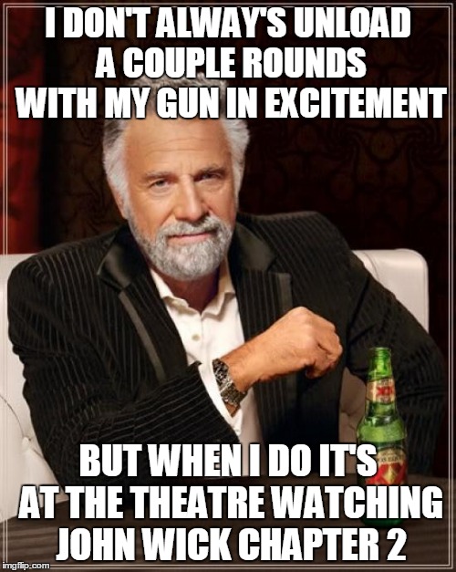 The Most Interesting Man In The World Meme | I DON'T ALWAY'S UNLOAD A COUPLE ROUNDS WITH MY GUN IN EXCITEMENT; BUT WHEN I DO IT'S AT THE THEATRE WATCHING JOHN WICK CHAPTER 2 | image tagged in memes,the most interesting man in the world | made w/ Imgflip meme maker