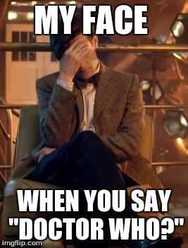 Doctor Who Facepalm | MY FACE; WHEN YOU SAY "DOCTOR WHO?" | image tagged in doctor who facepalm | made w/ Imgflip meme maker