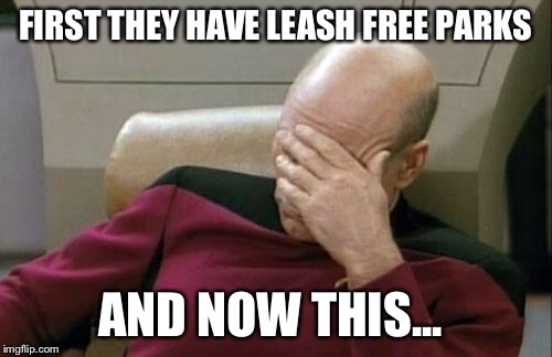 Captain Picard Facepalm Meme | FIRST THEY HAVE LEASH FREE PARKS AND NOW THIS... | image tagged in memes,captain picard facepalm | made w/ Imgflip meme maker