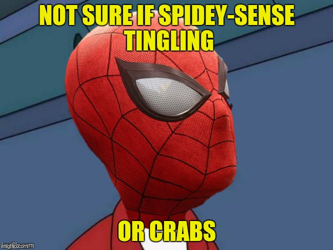I could have sworn I set my Spidey-Sense to vibrate | NOT SURE IF SPIDEY-SENSE TINGLING; OR CRABS | image tagged in spiderman,futurama fry,spidey-sense,crabs | made w/ Imgflip meme maker