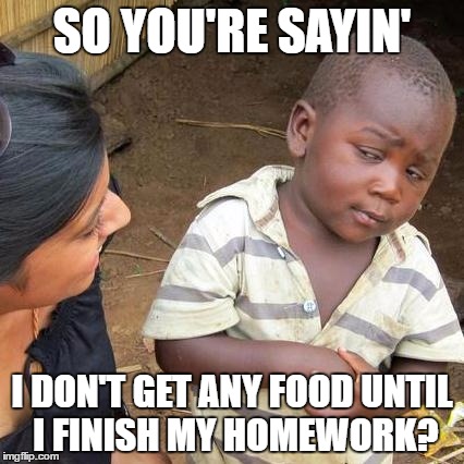 Third World Skeptical Kid Meme | SO YOU'RE SAYIN'; I DON'T GET ANY FOOD UNTIL I FINISH MY HOMEWORK? | image tagged in memes,third world skeptical kid | made w/ Imgflip meme maker