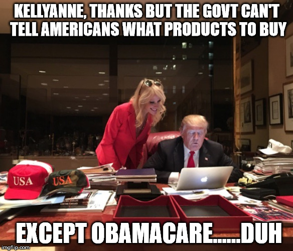 Donald Trump & Kellyanne Conway | KELLYANNE, THANKS BUT THE GOVT CAN'T TELL AMERICANS WHAT PRODUCTS TO BUY; EXCEPT OBAMACARE......DUH | image tagged in donald trump  kellyanne conway | made w/ Imgflip meme maker