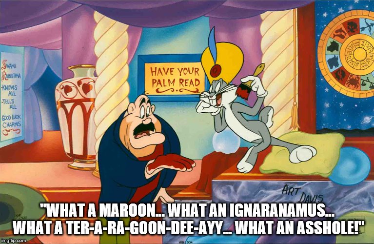 bugs bunny and jim brody | "WHAT A MAROON... WHAT AN IGNARANAMUS... WHAT A TER-A-RA-GOON-DEE-AYY... WHAT AN ASSHOLE!" | image tagged in bugs bunny,bugs bunny - what the,moron,asshole,warner bros,goon | made w/ Imgflip meme maker