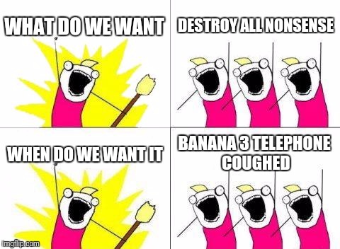 What Do We Want Meme | WHAT DO WE WANT; DESTROY ALL NONSENSE; WHEN DO WE WANT IT; BANANA 3 TELEPHONE COUGHED | image tagged in memes,what do we want | made w/ Imgflip meme maker