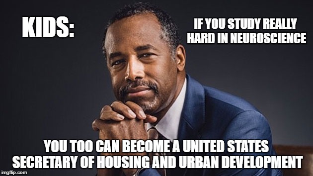 Live it, dream it, Ben Carson. | IF YOU STUDY REALLY HARD IN NEUROSCIENCE; KIDS:; YOU TOO CAN BECOME A UNITED STATES SECRETARY OF HOUSING AND URBAN DEVELOPMENT | image tagged in ben carson,america,cabinet,hud | made w/ Imgflip meme maker