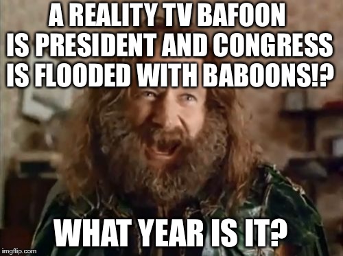 Bafoons and Baboons at White House and Congress | A REALITY TV BAFOON IS PRESIDENT AND CONGRESS IS FLOODED WITH BABOONS!? WHAT YEAR IS IT? | image tagged in memes,what year is it,bafoon,baboons,congress,trump | made w/ Imgflip meme maker
