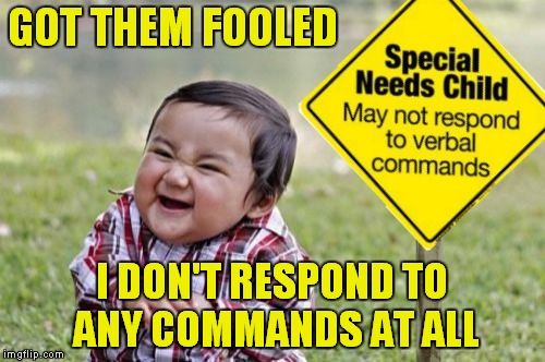 Sounds like my ex boyfriend! | GOT THEM FOOLED; I DON'T RESPOND TO ANY COMMANDS AT ALL | image tagged in evil toddler,signs,special kind of stupid | made w/ Imgflip meme maker
