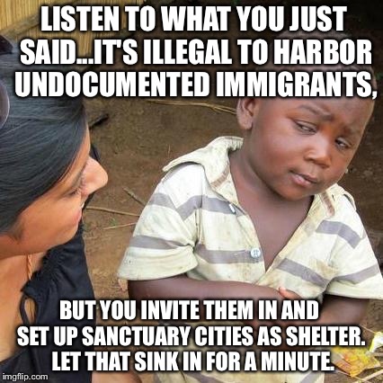 Third World Skeptical Kid Meme | LISTEN TO WHAT YOU JUST SAID...IT'S ILLEGAL TO HARBOR UNDOCUMENTED IMMIGRANTS, BUT YOU INVITE THEM IN AND SET UP SANCTUARY CITIES AS SHELTER.  LET THAT SINK IN FOR A MINUTE. | image tagged in memes,third world skeptical kid | made w/ Imgflip meme maker