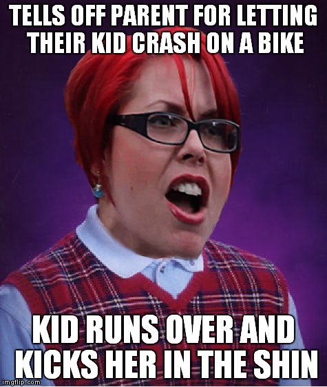 TELLS OFF PARENT FOR LETTING THEIR KID CRASH ON A BIKE KID RUNS OVER AND KICKS HER IN THE SHIN | made w/ Imgflip meme maker