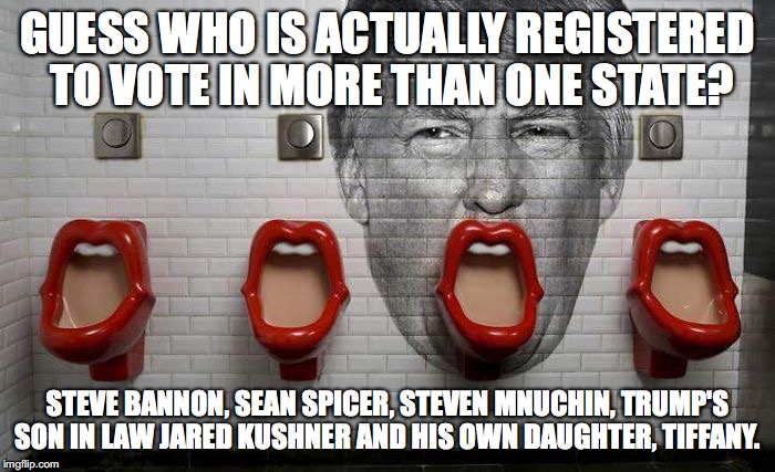 Trump's voter fraud | GUESS WHO IS ACTUALLY REGISTERED TO VOTE IN MORE THAN ONE STATE? STEVE BANNON, SEAN SPICER, STEVEN MNUCHIN, TRUMP'S SON IN LAW JARED KUSHNER AND HIS OWN DAUGHTER, TIFFANY. | image tagged in trum,tiffany trump,jared kushner,donald trump,steve bannon,steven mnuchin | made w/ Imgflip meme maker