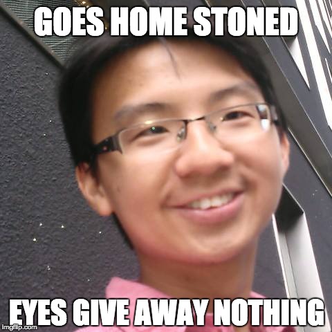 GOES HOME STONED; EYES GIVE AWAY NOTHING | image tagged in lol | made w/ Imgflip meme maker
