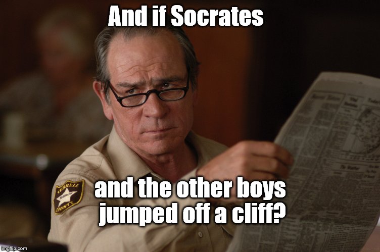 say what? | And if Socrates and the other boys jumped off a cliff? | image tagged in say what | made w/ Imgflip meme maker
