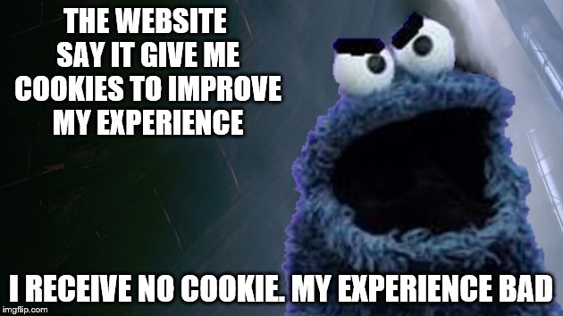 Fake news. I am disappoint. |  THE WEBSITE SAY IT GIVE ME COOKIES TO IMPROVE MY EXPERIENCE; I RECEIVE NO COOKIE. MY EXPERIENCE BAD | image tagged in angry cookie monster,funny memes | made w/ Imgflip meme maker