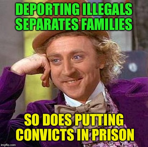 If you break a law, your family will pay the price....... | DEPORTING ILLEGALS SEPARATES FAMILIES; SO DOES PUTTING CONVICTS IN PRISON | image tagged in memes,creepy condescending wonka | made w/ Imgflip meme maker