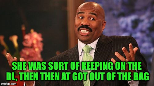 Steve Harvey Meme | SHE WAS SORT OF KEEPING ON THE DL, THEN THEN AT GOT OUT OF THE BAG | image tagged in memes,steve harvey | made w/ Imgflip meme maker