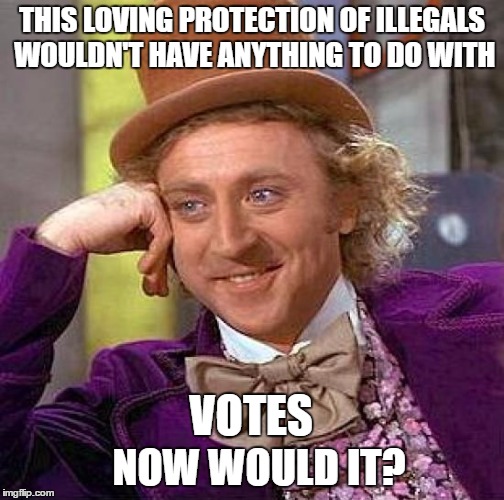 Creepy Condescending Wonka Meme | THIS LOVING PROTECTION OF ILLEGALS WOULDN'T HAVE ANYTHING TO DO WITH; VOTES; NOW WOULD IT? | image tagged in memes,creepy condescending wonka | made w/ Imgflip meme maker
