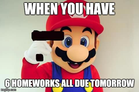 Suicide Mario | WHEN YOU HAVE; 6 HOMEWORKS ALL DUE TOMORROW | image tagged in suicide mario | made w/ Imgflip meme maker