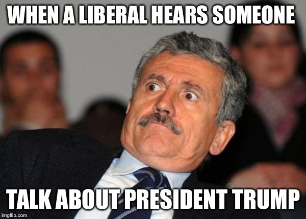 shocked | WHEN A LIBERAL HEARS SOMEONE; TALK ABOUT PRESIDENT TRUMP | image tagged in shocked | made w/ Imgflip meme maker