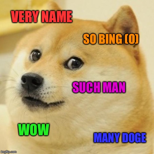 Doge Meme | VERY NAME SO BING (O) SUCH MAN WOW MANY DOGE | image tagged in memes,doge | made w/ Imgflip meme maker