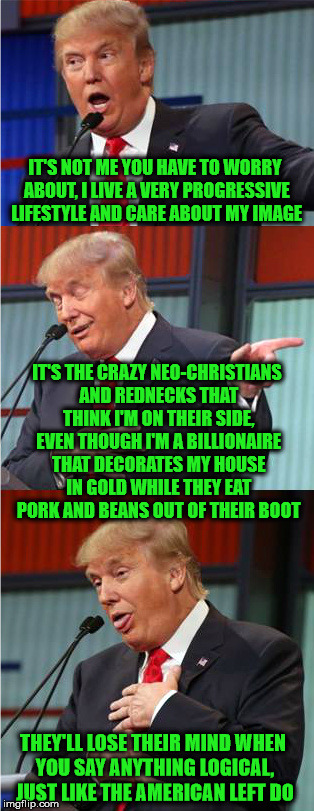 Bad Pun Trump | IT'S NOT ME YOU HAVE TO WORRY ABOUT, I LIVE A VERY PROGRESSIVE LIFESTYLE AND CARE ABOUT MY IMAGE; IT'S THE CRAZY NEO-CHRISTIANS AND REDNECKS THAT THINK I'M ON THEIR SIDE, EVEN THOUGH I'M A BILLIONAIRE THAT DECORATES MY HOUSE IN GOLD WHILE THEY EAT PORK AND BEANS OUT OF THEIR BOOT; THEY'LL LOSE THEIR MIND WHEN YOU SAY ANYTHING LOGICAL, JUST LIKE THE AMERICAN LEFT DO | image tagged in bad pun trump | made w/ Imgflip meme maker
