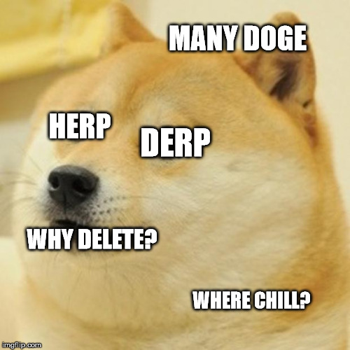 Doge Meme | MANY DOGE WHY DELETE? WHERE CHILL? HERP DERP | image tagged in memes,doge | made w/ Imgflip meme maker
