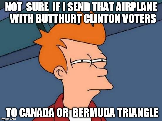 Futurama Fry | NOT  SURE  IF I SEND THAT AIRPLANE  WITH BUTTHURT CLINTON VOTERS; TO CANADA OR  BERMUDA TRIANGLE | image tagged in memes,futurama fry | made w/ Imgflip meme maker