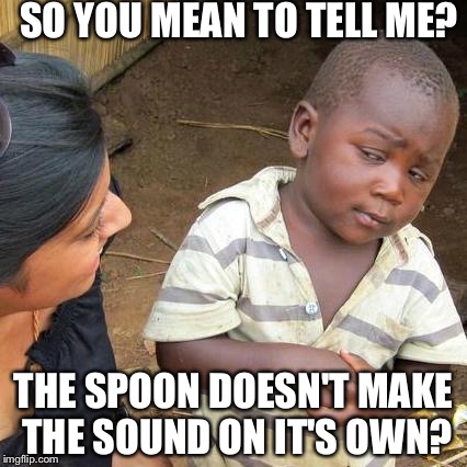 Third World Skeptical Kid | SO YOU MEAN TO TELL ME? THE SPOON DOESN'T MAKE THE SOUND ON IT'S OWN? | image tagged in memes,third world skeptical kid | made w/ Imgflip meme maker