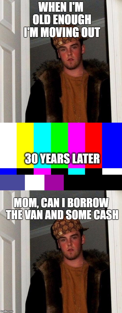 WHEN I'M OLD ENOUGH I'M MOVING OUT 30 YEARS LATER MOM, CAN I BORROW THE VAN AND SOME CASH | made w/ Imgflip meme maker