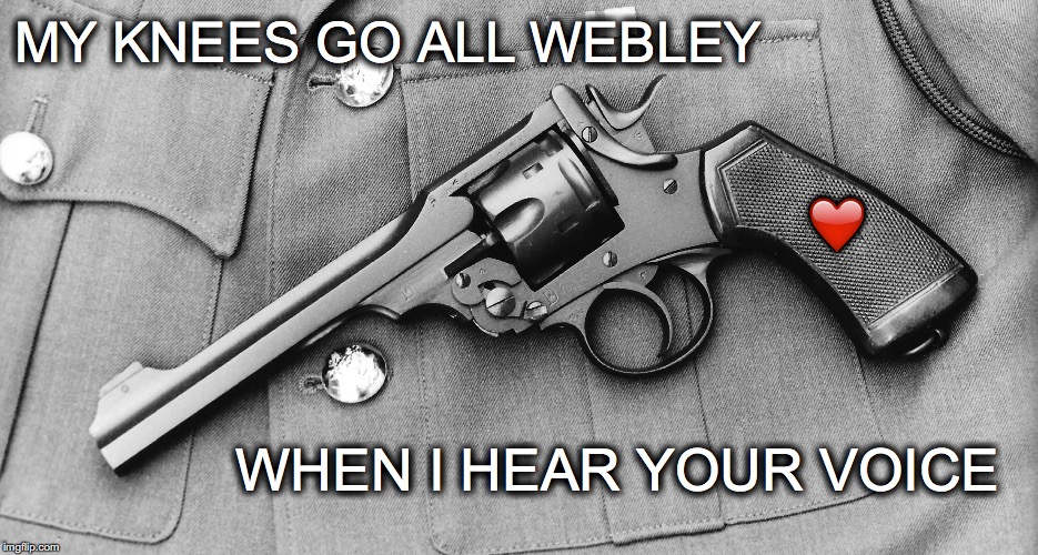 I love a man in uniform | MY KNEES GO ALL WEBLEY; ❤️; WHEN I HEAR YOUR VOICE | image tagged in janey mack meme,flirty meme,man in uniform,webley,webley revolver,revolver | made w/ Imgflip meme maker