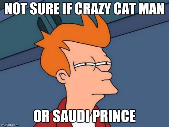 Futurama Fry Meme | NOT SURE IF CRAZY CAT MAN OR SAUDI PRINCE | image tagged in memes,futurama fry | made w/ Imgflip meme maker