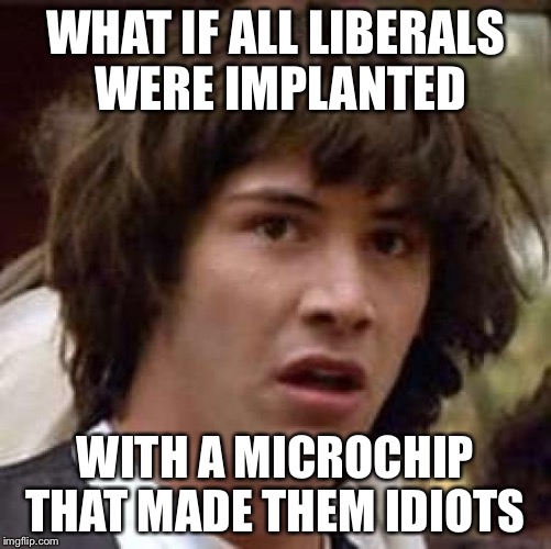 Conspiracy Keanu | WHAT IF ALL LIBERALS WERE IMPLANTED; WITH A MICROCHIP THAT MADE THEM IDIOTS | image tagged in memes,conspiracy keanu | made w/ Imgflip meme maker