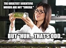 Scientist | THE GREATEST SCIENTIFIC WORDS ARE NOT "EUREKA "; BUT "HUH... THAT'S ODD.."; YAHBLE | image tagged in scientist | made w/ Imgflip meme maker