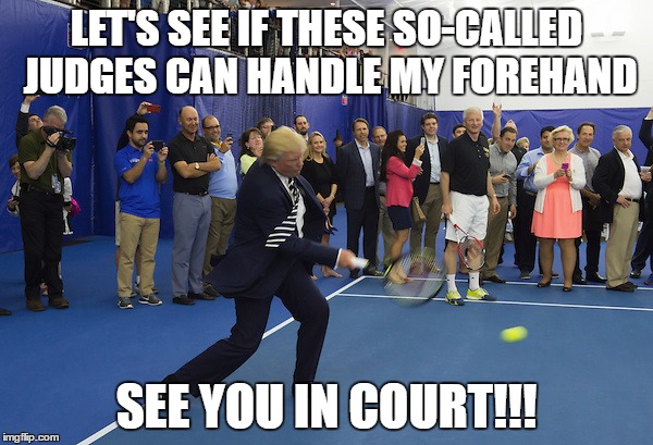 Trump tennis | LET'S SEE IF THESE SO-CALLED JUDGES CAN HANDLE MY FOREHAND; SEE YOU IN COURT!!! | image tagged in trump,tennis,see you in court | made w/ Imgflip meme maker