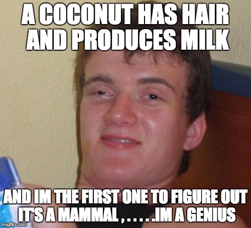 10 Guy | A COCONUT HAS HAIR AND PRODUCES MILK; AND IM THE FIRST ONE TO FIGURE OUT IT'S A MAMMAL , . . . . .IM A GENIUS | image tagged in memes,10 guy | made w/ Imgflip meme maker