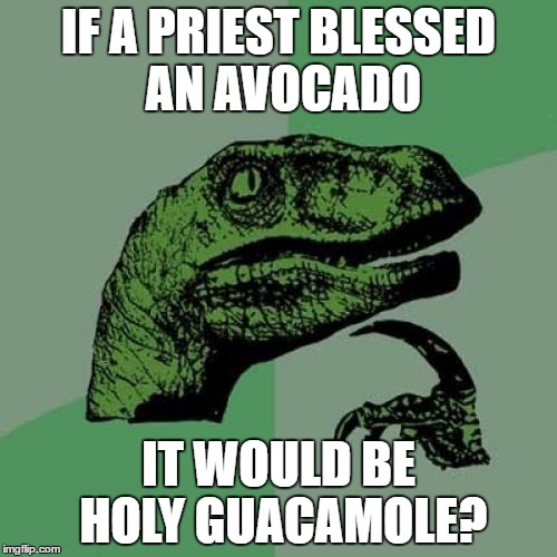 Philosoraptor | IF A PRIEST BLESSED AN AVOCADO; IT WOULD BE HOLY GUACAMOLE? | image tagged in memes,philosoraptor | made w/ Imgflip meme maker