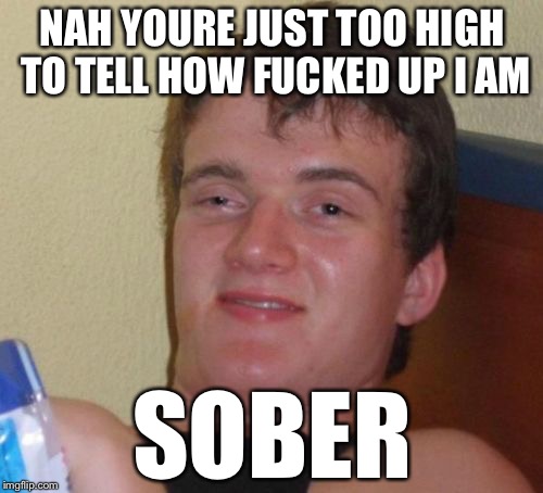 10 Guy Meme | NAH YOURE JUST TOO HIGH TO TELL HOW F**KED UP I AM SOBER | image tagged in memes,10 guy | made w/ Imgflip meme maker