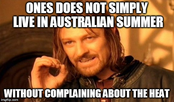 One Does Not Simply Meme | ONES DOES NOT SIMPLY LIVE IN AUSTRALIAN SUMMER WITHOUT COMPLAINING ABOUT THE HEAT | image tagged in memes,one does not simply | made w/ Imgflip meme maker