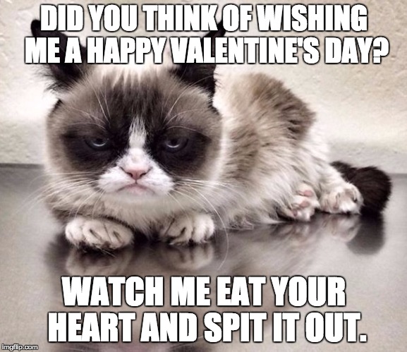 Grumpy cat | DID YOU THINK OF WISHING ME A HAPPY VALENTINE'S DAY? WATCH ME EAT YOUR HEART AND SPIT IT OUT. | image tagged in grumpy cat | made w/ Imgflip meme maker