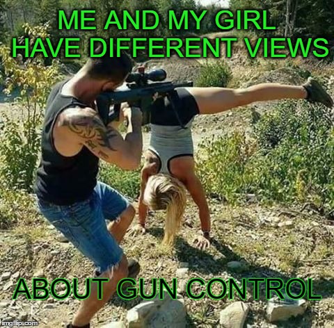 Nice Shot! | ME AND MY GIRL HAVE DIFFERENT VIEWS; ABOUT GUN CONTROL | image tagged in gun control,views,my girl,aim | made w/ Imgflip meme maker