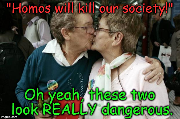 Old Lesbians | "Homos will kill our society!"; Oh yeah, these two look REALLY dangerous. | image tagged in old lesbians | made w/ Imgflip meme maker