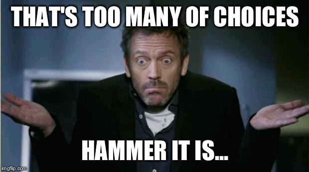 THAT'S TOO MANY OF CHOICES HAMMER IT IS... | made w/ Imgflip meme maker