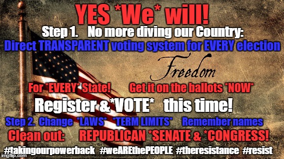 Flashback Apparent prophecy | YES *We* will! Step 1.    No more diving our Country:; Direct TRANSPARENT voting system for EVERY election; For *EVERY* State!         Get it on the ballots *NOW*; Register &*VOTE*   this time! Step 2.  Change  *LAWS*   *TERM LIMITS*     Remember names; Clean out:      REPUBLICAN *SENATE & *CONGRESS! #takingourpowerback   #weAREthePEOPLE  #theresistance  #resist | image tagged in memes,politics,vote,donald trump,treason,mainstream media | made w/ Imgflip meme maker
