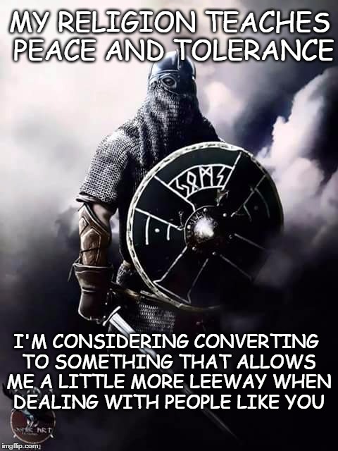 Religious intolerance | MY RELIGION TEACHES PEACE AND TOLERANCE; I'M CONSIDERING CONVERTING TO SOMETHING THAT ALLOWS ME A LITTLE MORE LEEWAY WHEN DEALING WITH PEOPLE LIKE YOU | image tagged in viking warrior,religious conversion | made w/ Imgflip meme maker