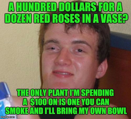 10 Guy Meme |  A HUNDRED DOLLARS FOR A DOZEN RED ROSES IN A VASE? THE ONLY PLANT I'M SPENDING A  $100 ON IS ONE YOU CAN SMOKE AND I'LL BRING MY OWN BOWL | image tagged in memes,10 guy | made w/ Imgflip meme maker