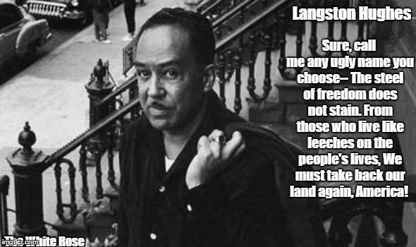 America | Langston Hughes; Sure, call me any ugly name you choose--
The steel of freedom does not stain.
From those who live like leeches on the people's lives,
We must take back our land again,
America! The White Rose | image tagged in poetry | made w/ Imgflip meme maker